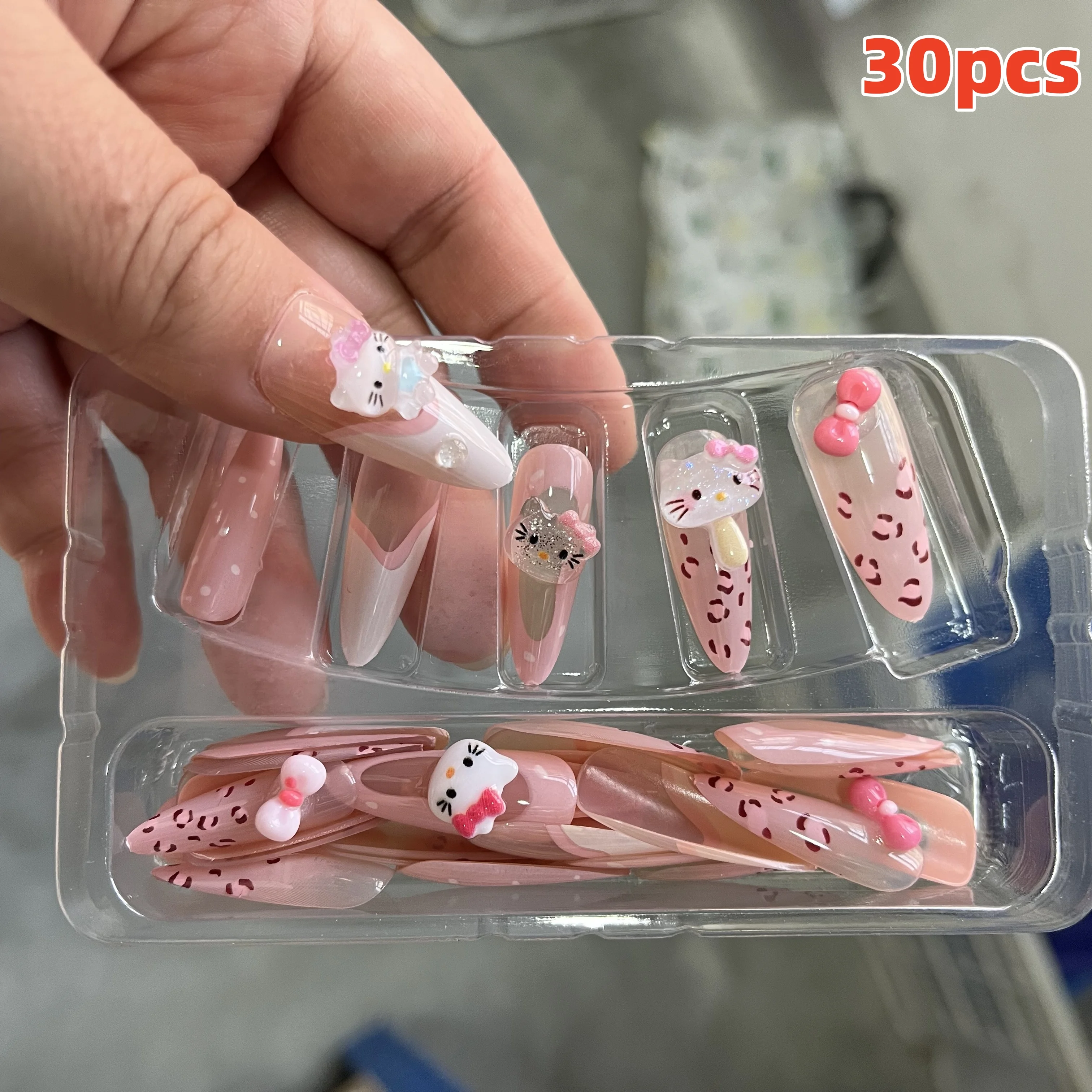 SANRIO 30pcs Hello Kitty Press-On Nails Set Medium Almond Pink French False Nails Leopard & Bow Accents for Daily Wear & Parties