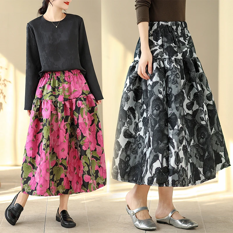 

Retro Faion Emed Floral f Skirt Women's Autumn Winter Loose Waist Loose Slimming Midi Length Puffy Skirt Trendy