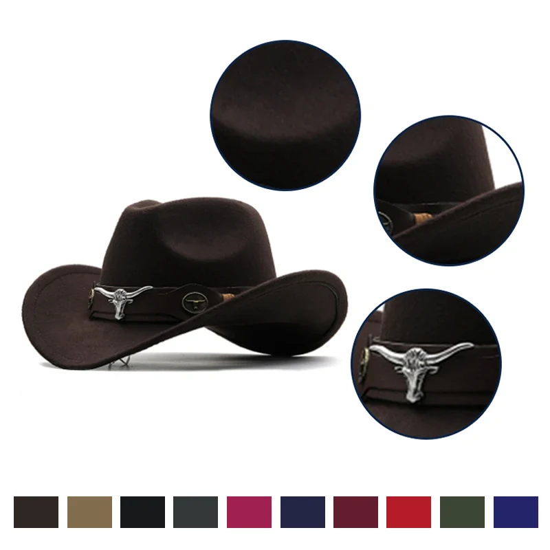 New Western Hat Men Women Cowboy Style Leather Hats Wool Chapeu Western Gentleman South States  Jazz Cap Cowgirl Hats Cow Band