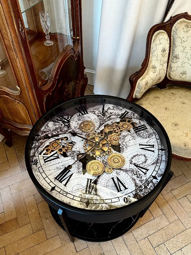 Luxury Design Theme Map Pattern Art Clock Coffee Table Metal Living Room Sofa Side Double Layered Storage Tea Tables Furniture