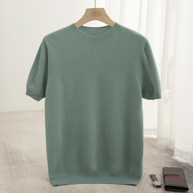 2024 Summer Men\'s Round Neck Short Sleeve 100% Pure Wool Tshirt Knitted Pullover Loose Breathable Business Casual Minimalist Top