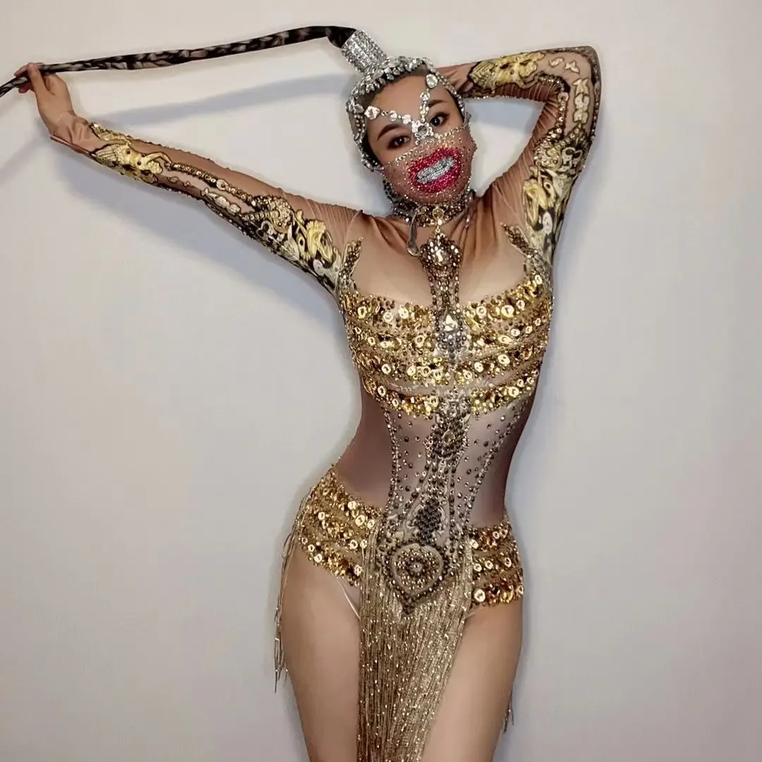 

Gold Rhinestones Fringe Leotard Women Birthday Nightclub Party Outfit Sexy Dance Bodysuit Performance Show Singer Costume