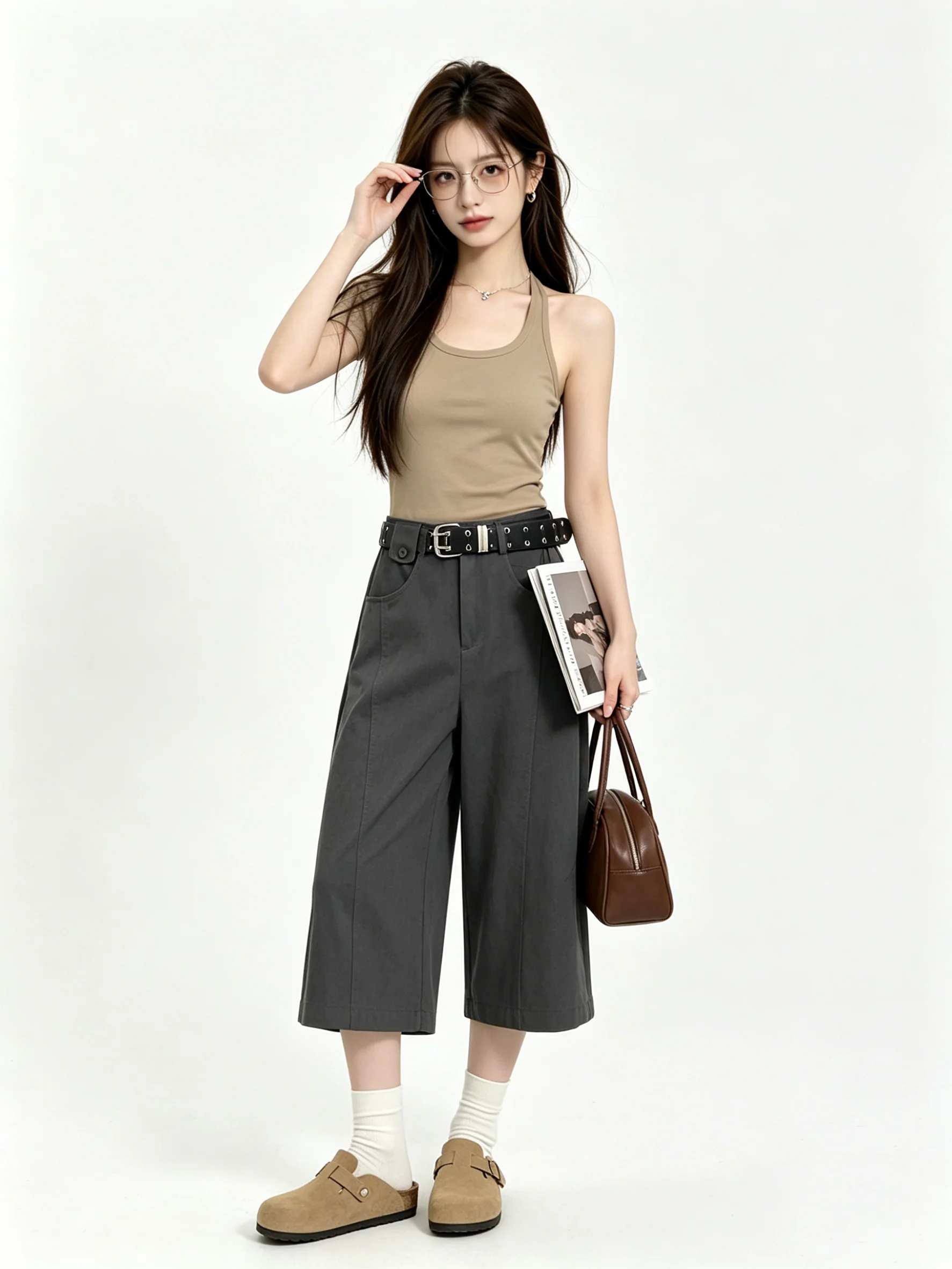 Elegant Korean Style Wide Leg Pants Loose Elastic Waist Comfortable Casual Trousers Skin-friendly Summer Lazy Seven-eighths L...