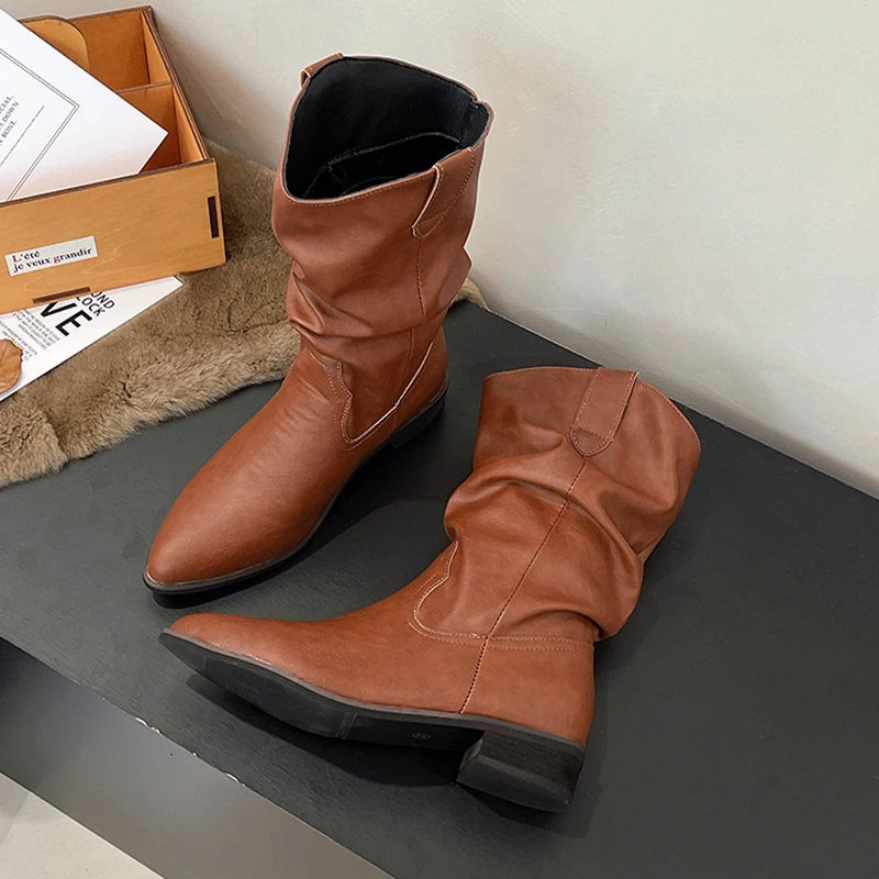 

Женские ботинки до середины икры на каблуке, зимняя женская обувь, туфли-лодочки «Челси», новинка 2025, прогулочные зимние ботинки, повседневная обувь из массивной кожи, Mujer Botas