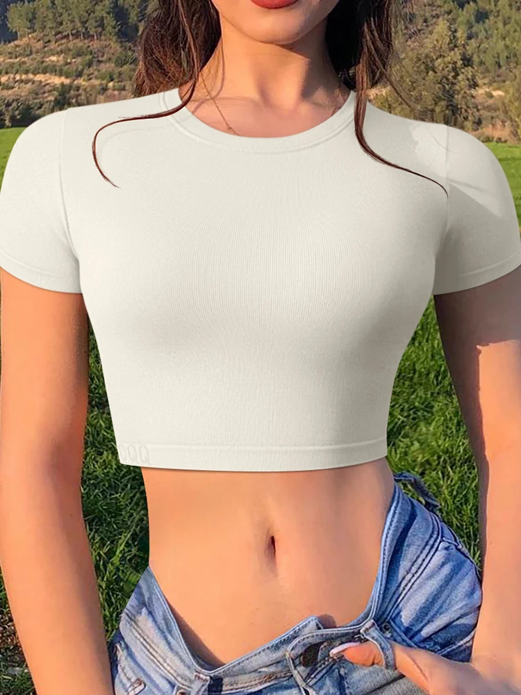 Women\'s Yoga Shirt Round Neck Short Sleeved Sports Shirt Running Gym Fitness Sports Wear