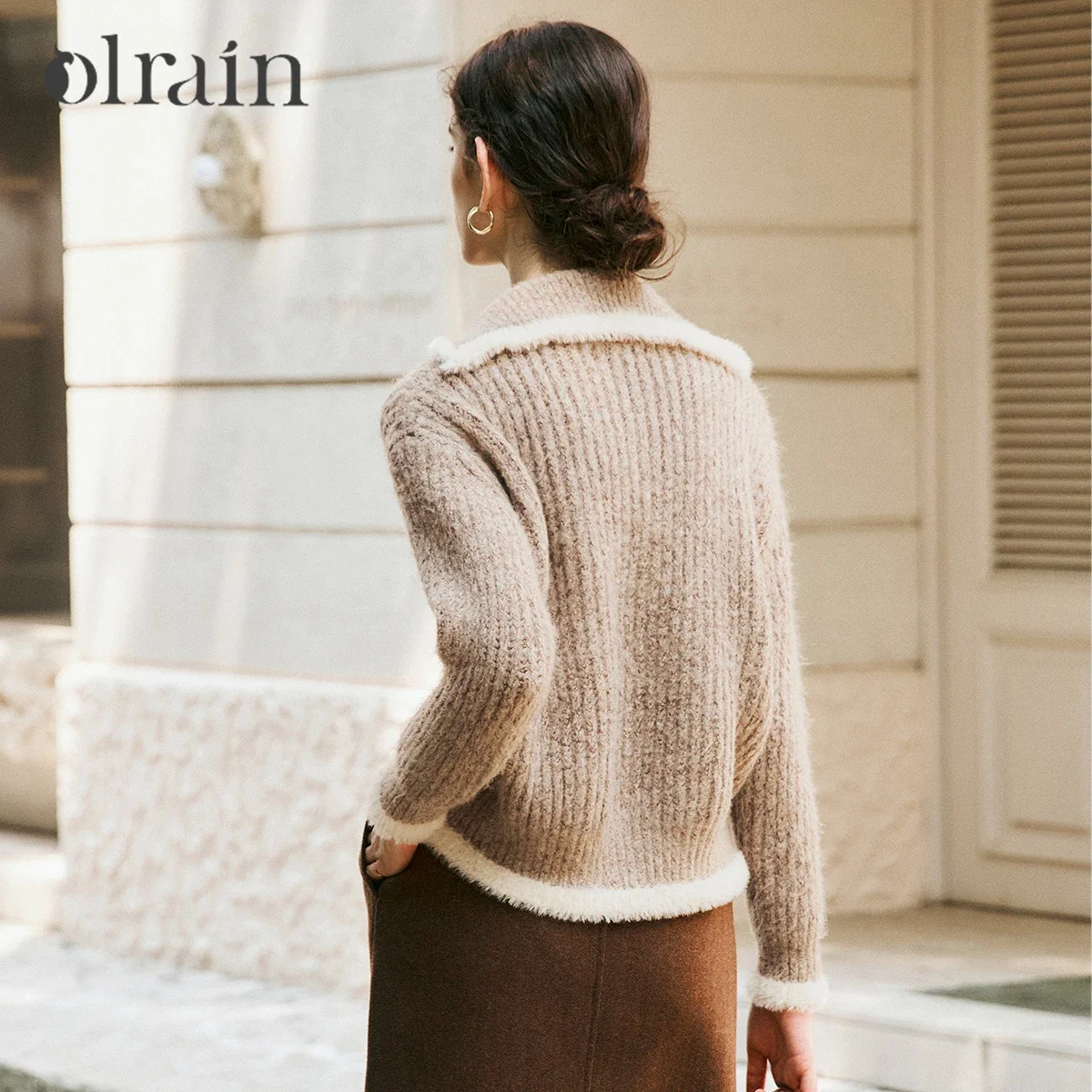 OLrain French Style Women Brown Knit Cardigan Spliced Lapel Drop Sleeve Double Zipper Winter Knit Outerwear O56DM95269