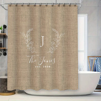 Personalized Custom Name Initials Fabric Shower Curtain with Floral Design, Natural Burlap Waterproof Home Decor Bathroom Liner