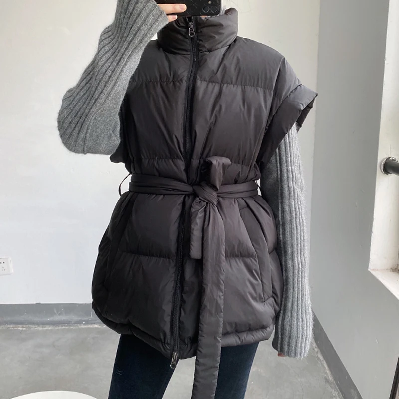 Korean Women Winter sleeveless vest Oversized Casual High neck Down jacket with sashes 2022 Autumn Ladies clothes INKEO 2O175