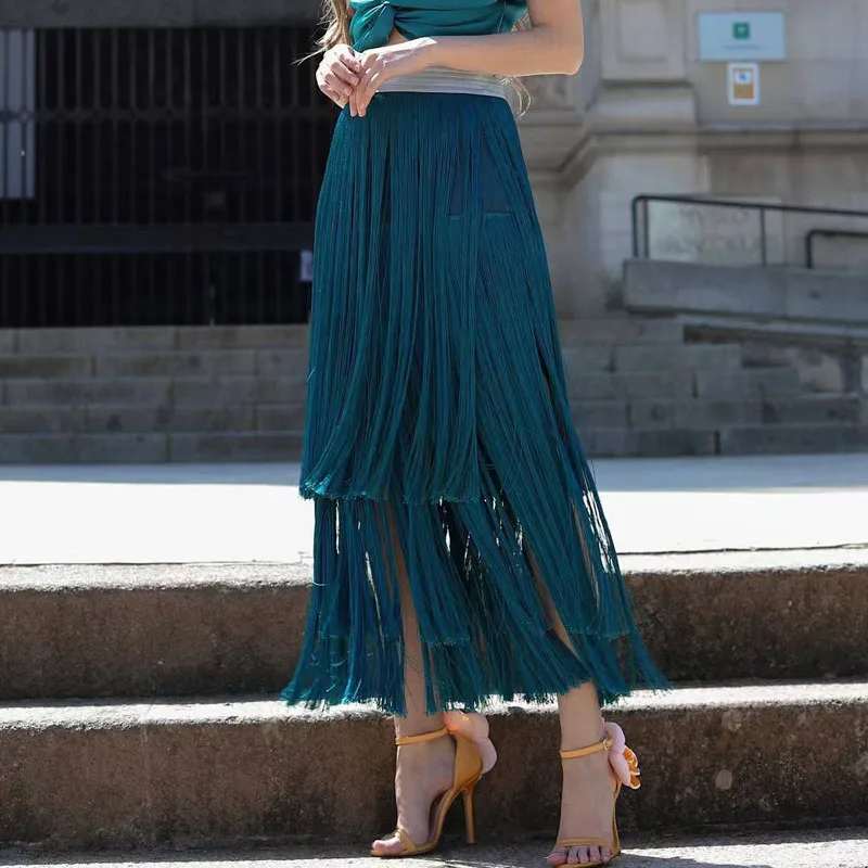 Temperament Hoge Taille Effen Kleur Kwastje Rokken Zomer Nieuwe Eenvoudige Party Lange Rokken Elegante Dames Losse Grote Zoom Banket Rokken