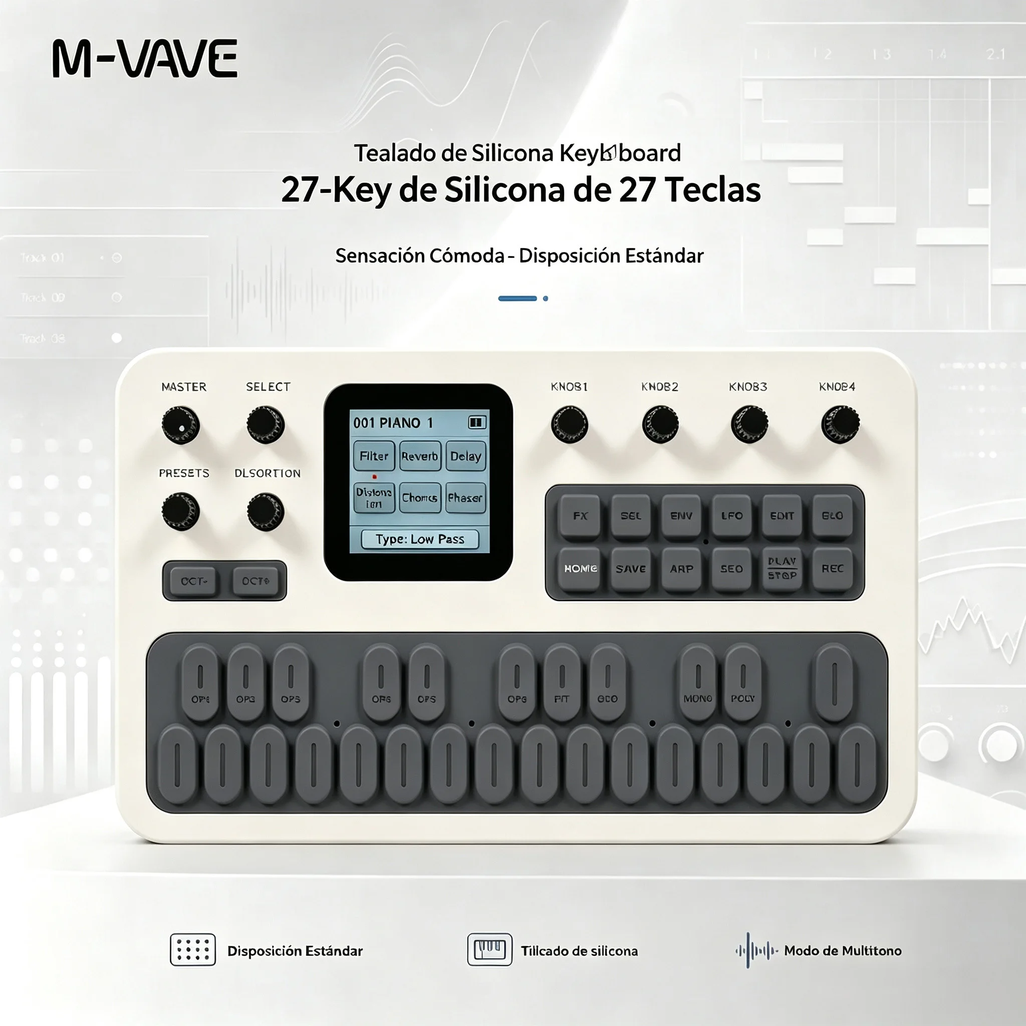 M-VAVE FM-1 (SK15) White-Grey FM Synthesis Keyboard – 6 Operators, 32 Algorithms, Reverb/Delay/Distortion, 16-Step Sequencer