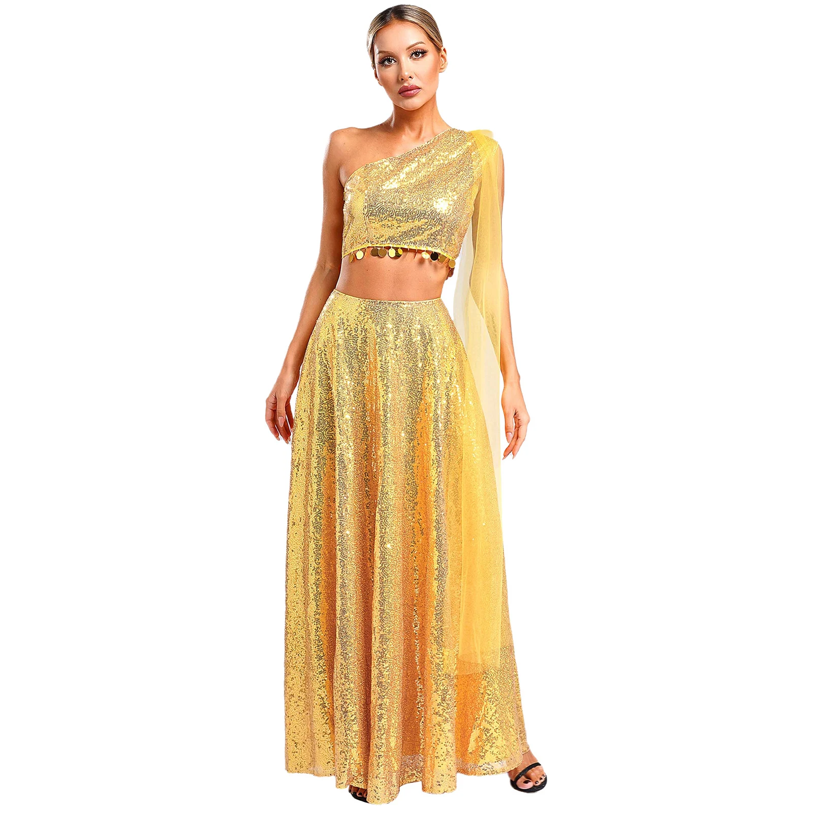 Womens Dress Sets Glitter Sequin India Lehenga Party Gown Sleeveless Crop Top with Saree Drape Maxi Skirt for Wedding Banquets