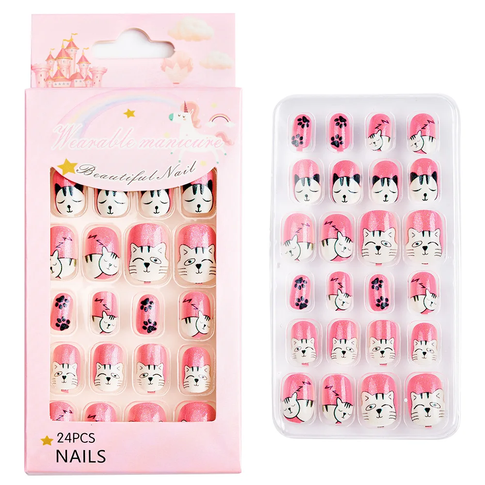 Uñas postizas de dibujos animados para niños, 24 piezas, dulces, cubierta completa, herramientas de manicura bonitas