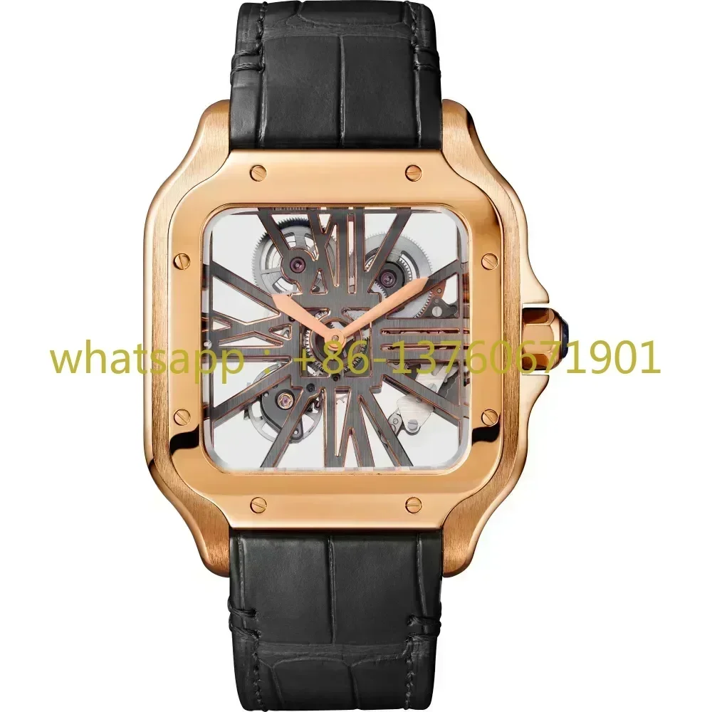 Luxury New Mens Watches Skeleton Vk Quartz Movement Square Watches Double Sided 904L Stainless Steel Strap Montre De Luxe