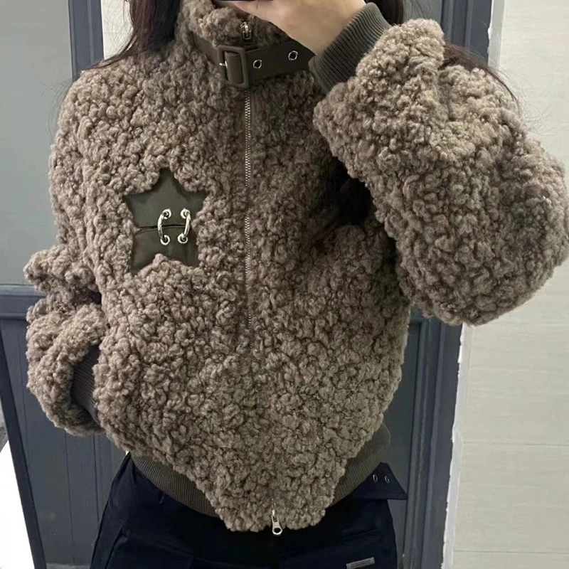 Vintage Faux Shearling Jacket Women Winter Stand Collar Thick Warm Coats Retro Streetwear Star Hottie Y2K Female Zipper Outwear