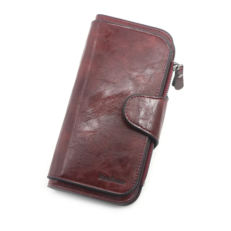 Women's Long PU Leather Clutch Wallet with Zipper in Wine Red