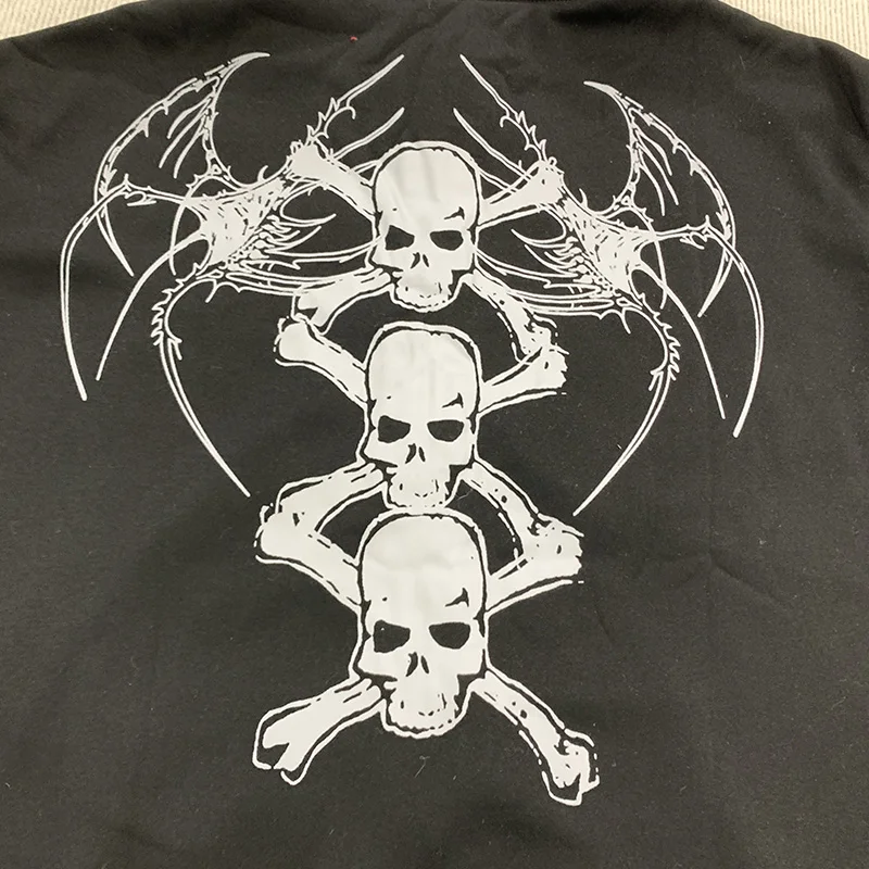 المرأة Y2k الشارع خمر الفراء طوق قبعة مقنعين الشتاء قمة الموضة الشارع كول الجمجمة المطبوعة سستة البلوز معطف دافئ سترة #6