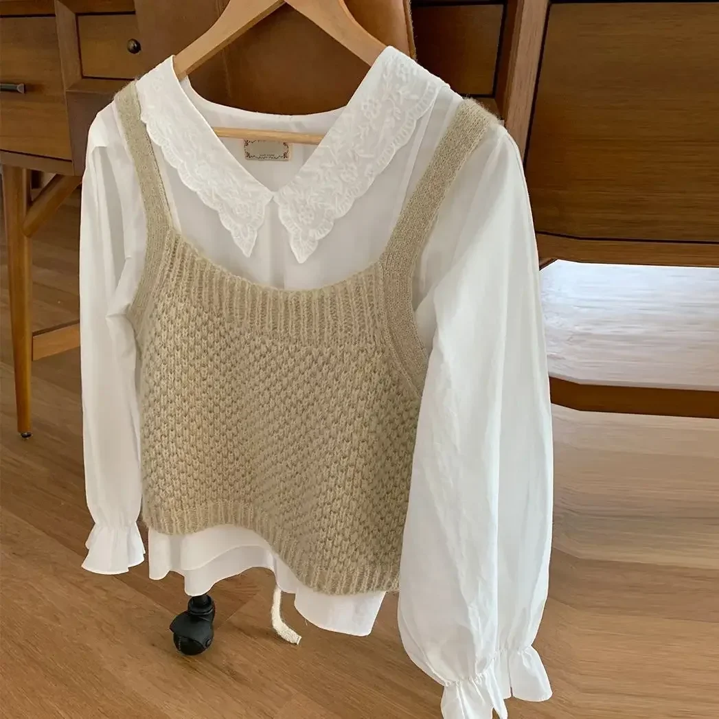 Korean Autumn Vintage Knitted Sweater Vest Women Round Neck Sweater Sleeveless Korean Chic Outside Waistcoat Pullover Tank Tops