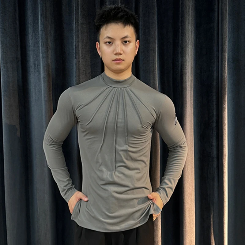 Adult Male Latin Dance Clothes Long Sleeves Grey High Collar Dance Tops Men Cha Cha Ballroom Dance Practice Clothing  DNV21323