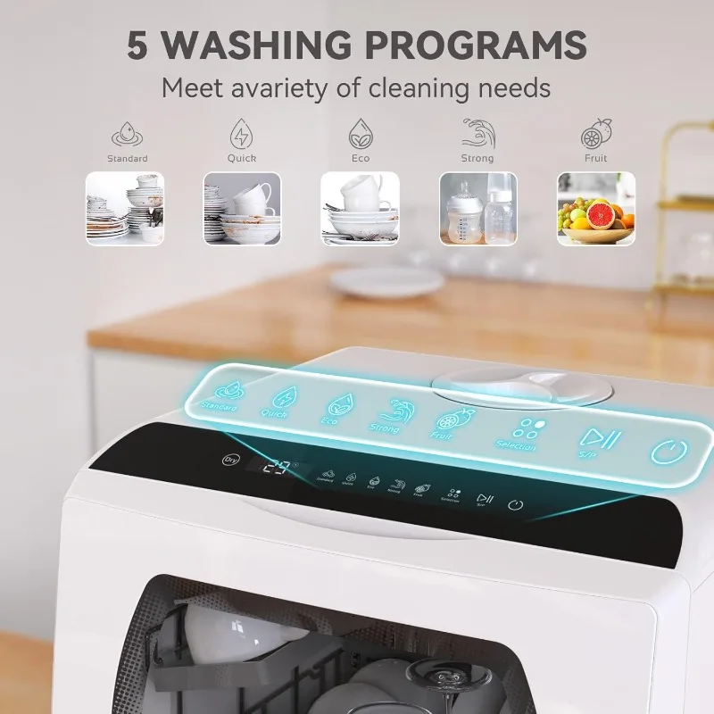 Portable Countertop Dishwasher, 5 Washing Programs Mini Dishwasher with 5L Built-in Water Tank & Inlet Hose, For apartments