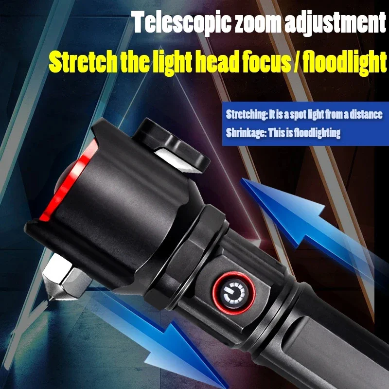 High power led flashlight with Safety Hammer Personal defense Torch COB Waterproof Work light USB rechargeable flashlights