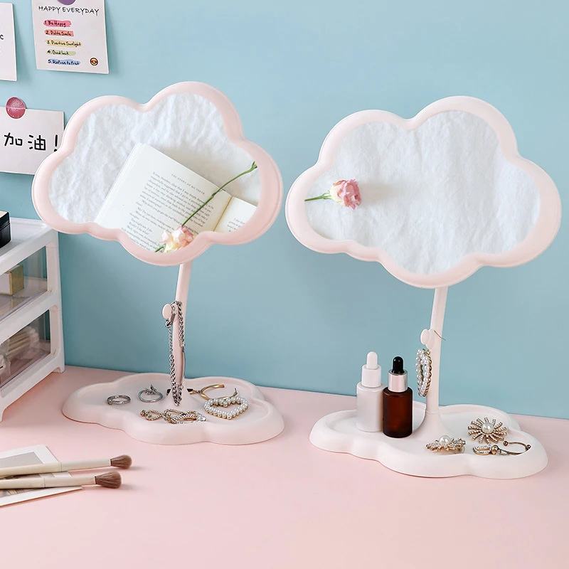 

Desktop Makeup Mirror With Jewelry Hair Accessories Tray Clouds Shaped Dressing Mirror High-Definition Mirrors Home Decoration