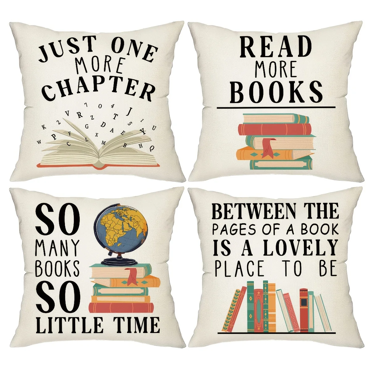 Reading Books Printed Throw Pillow Covers - Library Decor for Living Room Book Club, Book Lover Gift (No Pillow Inserts)