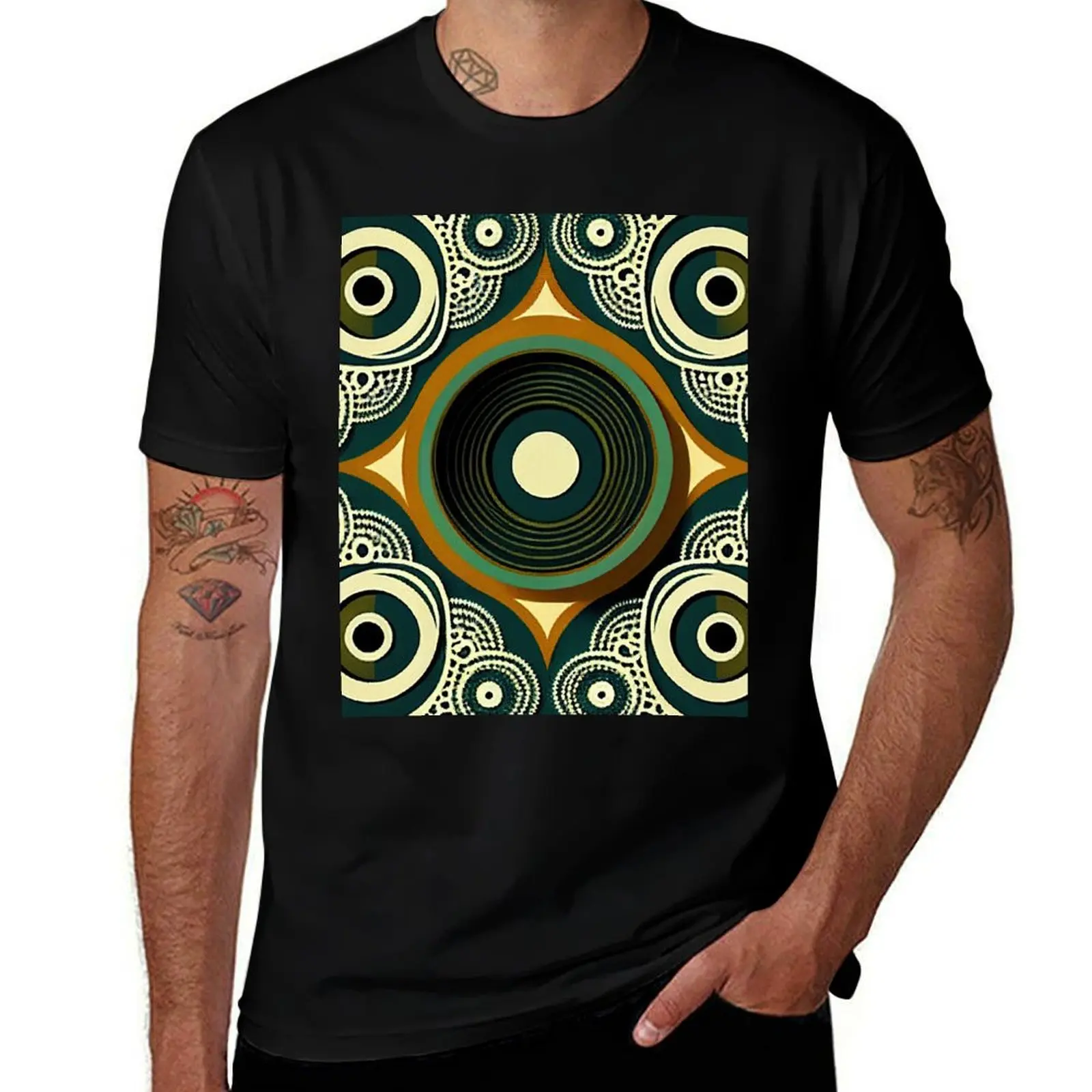 

seamless green and cream colored circular pattern T-Shirt blue lock Short sleeve tee Man t-shirt mens t shirts