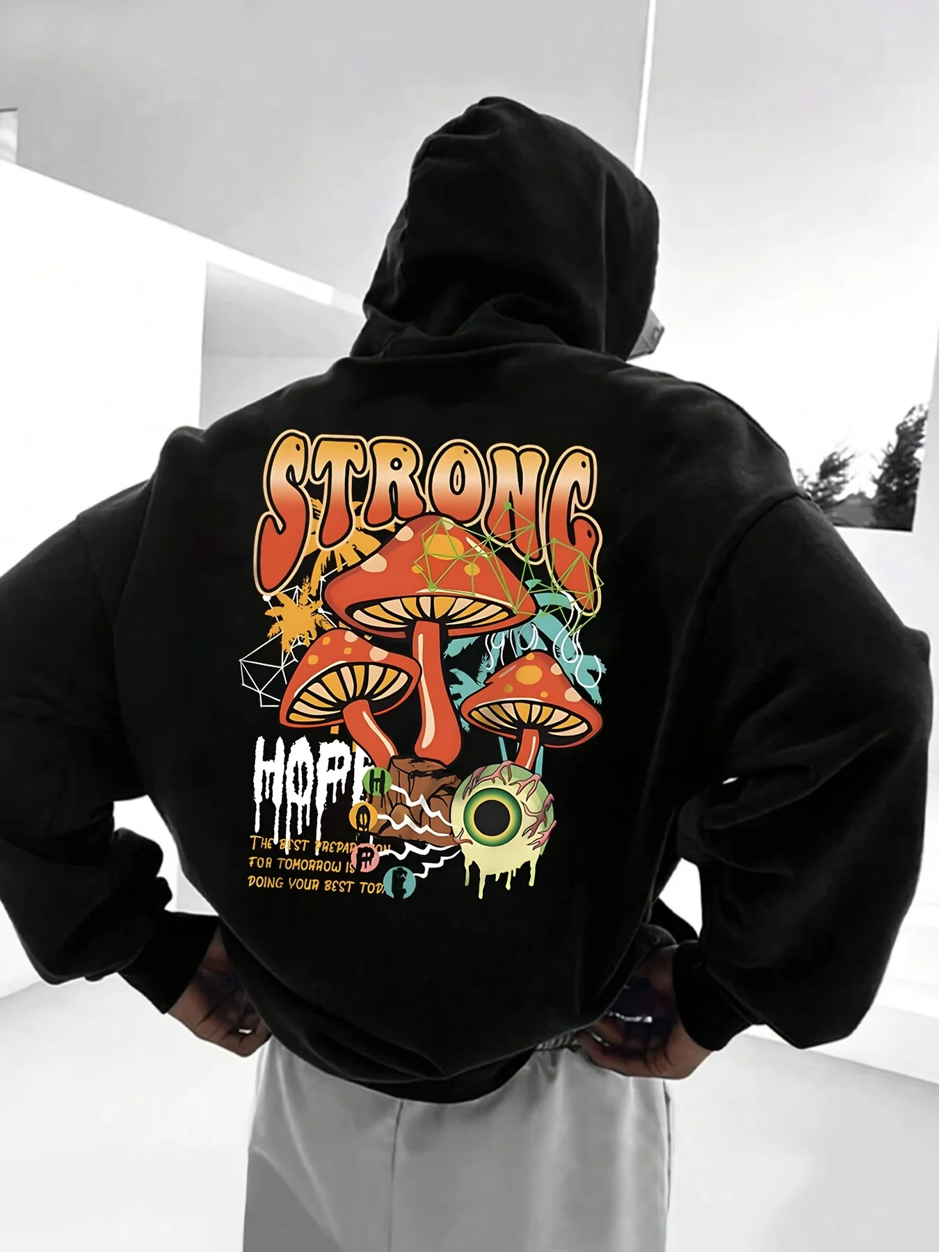 Men Strong Hope Mushroom Eyeball Dual‑Side Print Hoodie, Psychedelic Trippy Graphic Front Chest & Back Print Drawstring Kangaroo Pocket Pullover Sweatshirt Street Hooded Tops