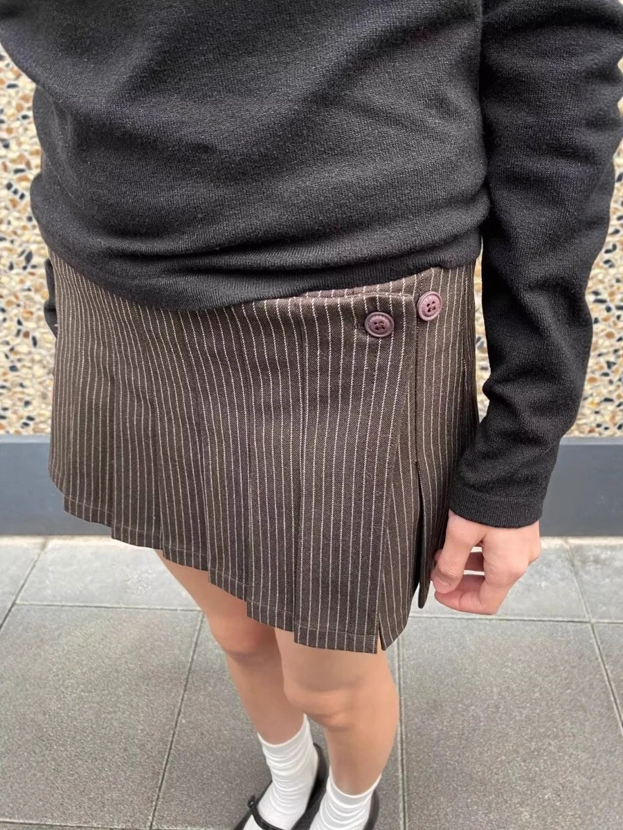 

Коричневая винтажная полосатая мини-плиссированная юбка, женская осенняя хлопковая короткая юбка трапециевидной формы на пуговицах с низкой талией, милые универсальные новые юбки Faldas