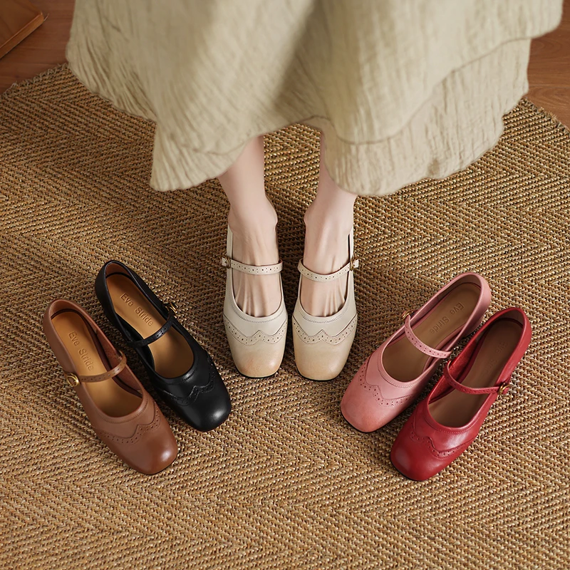 2026 new spring autumn women pumps natural leather 22-25cm cowhide+pigskin round toe buckle mary janes high heel women shoes