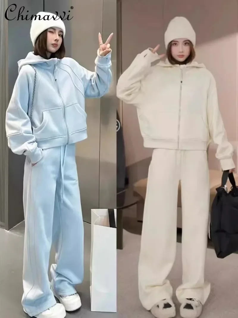 

2024 Autumn and Winter New Hooded Fleece Sweater Wide-leg Pants Popular Fashion Sports and Leisure Two-piece Suit For Women