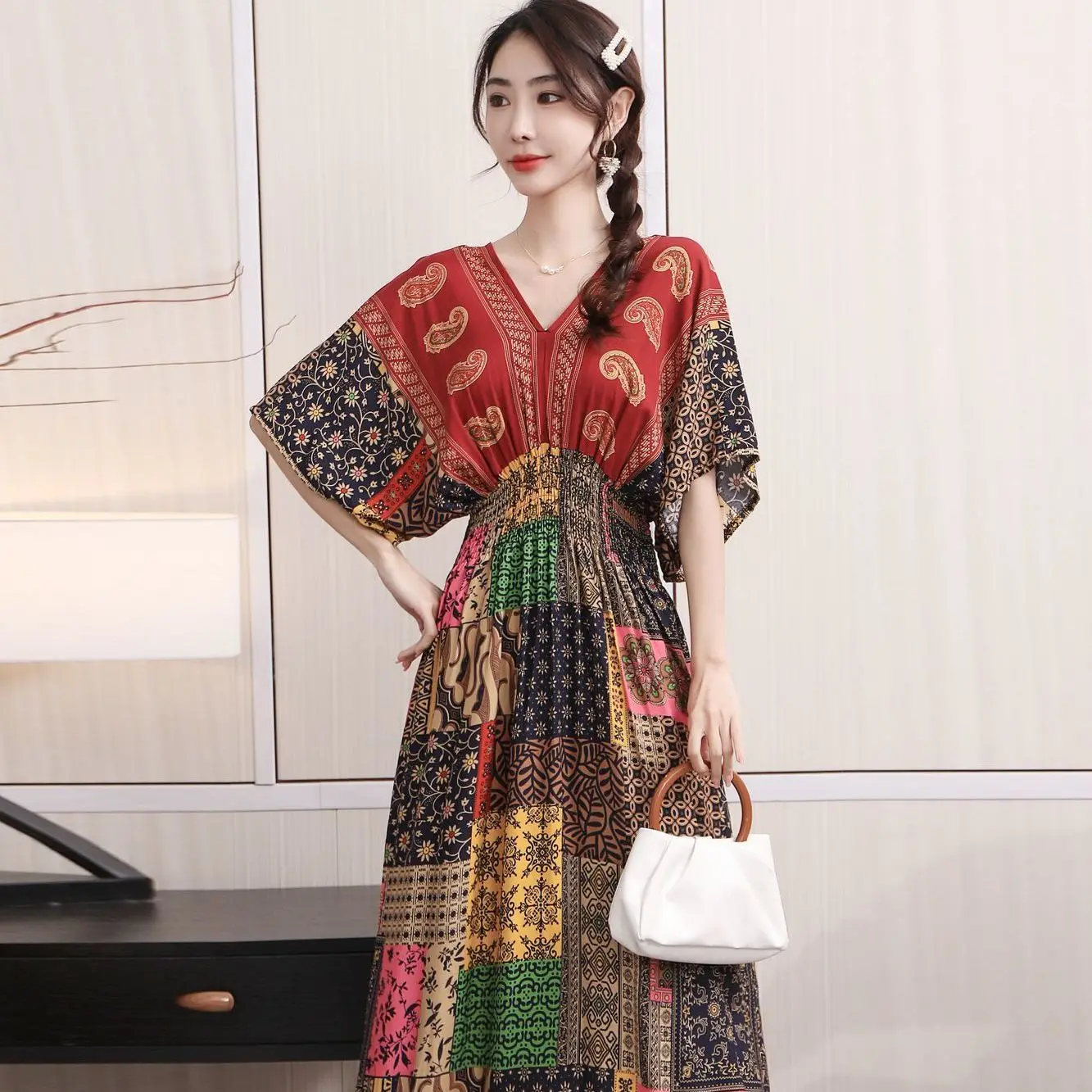 

Summer Womens Cashew Flower Plaid Printed Long Dress Leisure Vacation Dress 17color