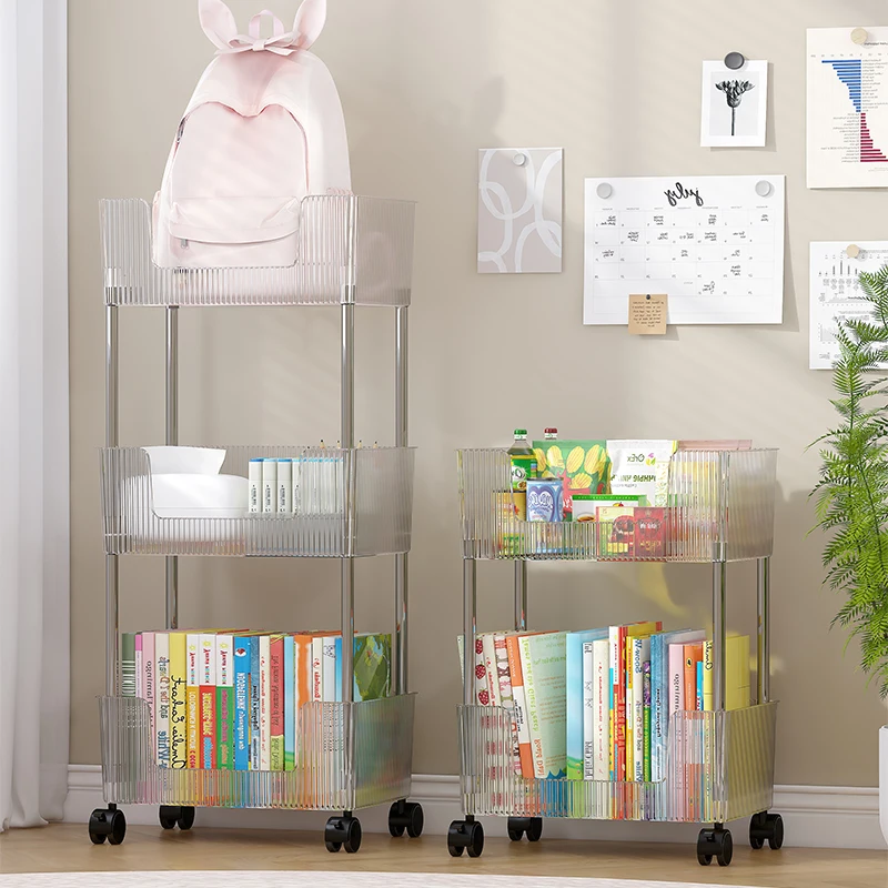 

Acrylic Removable Transparent Mobile Shelf with Wheels Living Room Cart Snacks Sundry Shelf Bookshelf Cart Storage Rack