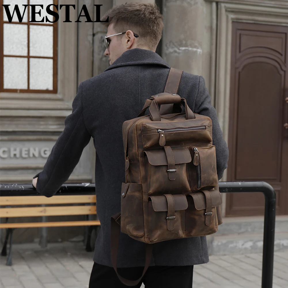 

WESTAL Crazy Horse Leather 15 Inch Laptop Backpack Anti-theft Luxury Designer Business Travel Notebook Bagpack Motorcycle Hiking