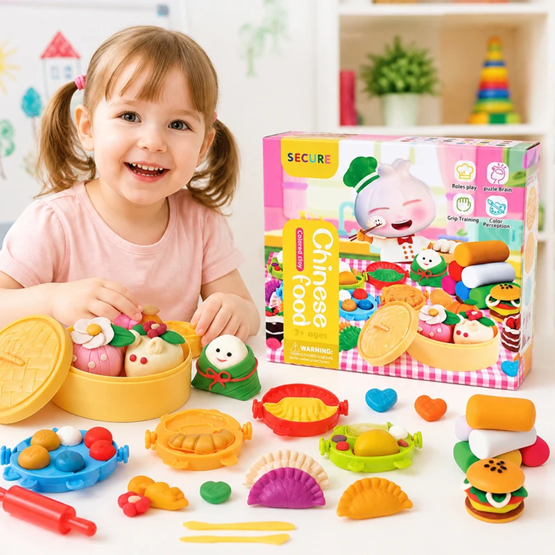 18Pcs Chinese Food Play Dough Set for Kids 3D DIY Clay Modeling Kit with Molds Tools Children Pretend Play Educational Craft Toy