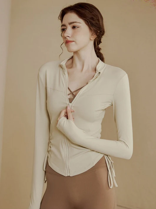 

Спортивная одежда для йоги Slim Fit: куртка на молнии с завязками на талии, длинными рукавами, воротником-стойкой, для велоспорта, бега и тренировок