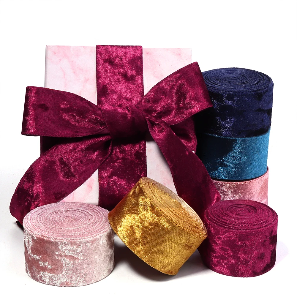 5Yards 38mm Single Face Glitter Rhinestone Velvet Ribbons Flocking Satin Ribbons Fit Birthday Wedding Gift Present Wrapping