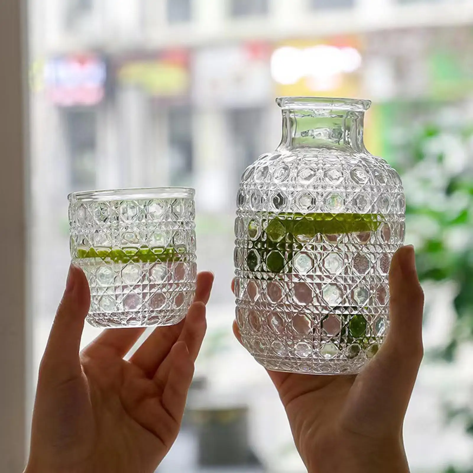 Crystal Clear Thick Glass Carafe with Tea Cup Set Bedside Pitcher and Glass Tableware for Bedroom or Bathroom