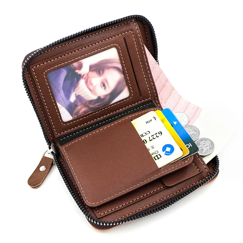 New Men's Wallet Solid Color Frosted Short Card Coin Purse Zipper Bag.