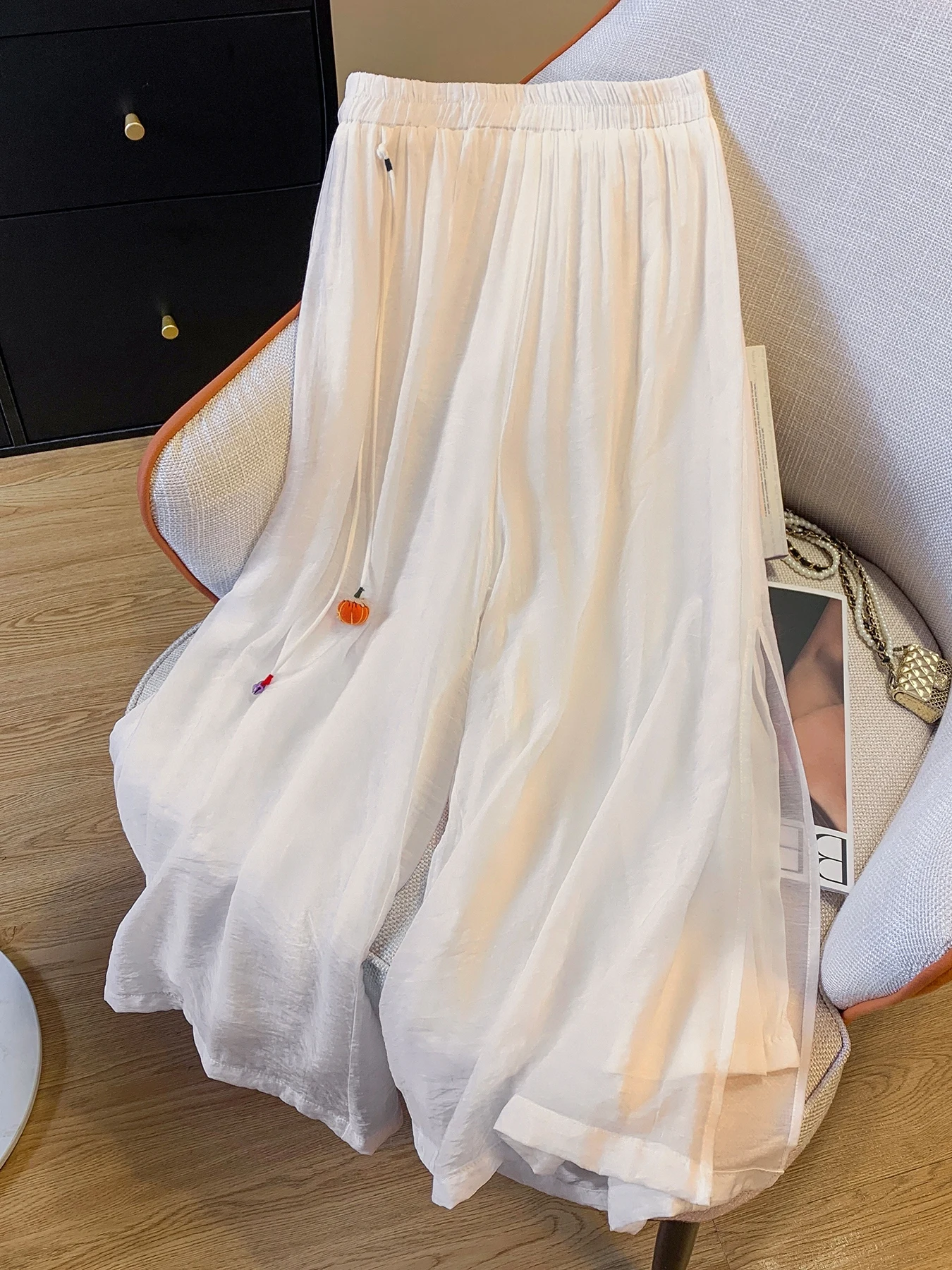 Pantaloni estivi a gamba larga in cotone e lino sottile Pantaloni casual drappeggiati da donna Dimagranti Fairylike Spacco laterale dritto Vita alta T lungo per il tempo libero...