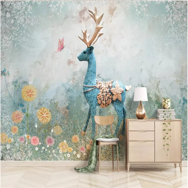 

Custom Nordic Floral Wallpaper 3D Elk Wall Painting Retro Wall Mural Wallpapers for Living Room Bedroom Wall Papers Home Decor