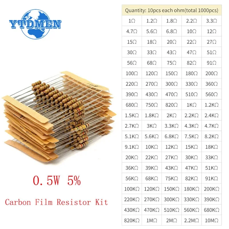 1000PCS Carbon Film Resistor Kit 1/2W 1 Ohm-10M Ohm 100Value X 10Pcs Color Ring Resistors 5% Resistance Set for DIY Projects