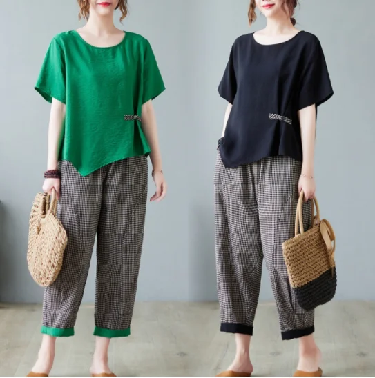 Summer Autumn Cotton 2pcs/set Women Loose T-shirt+Ankle-length Haren Pants 2023 Summer Vintage StyleTop+ Pant Suits