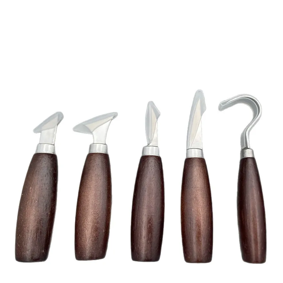5pc Wood Carving Tools Set Oak Handle Curved Knife For Arts Crafts Tools For Hand Carving Wood Sharp Portable Natural Wood Color