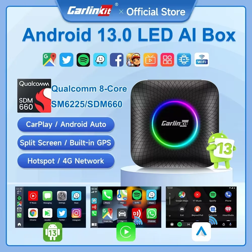 New CarlinKit Android 13 CarPlay Smart Box LED Qualcomm 8-Cores SM6225/ 660 Wireless Android Auto CarPlay Ai Box For Netflix GPS