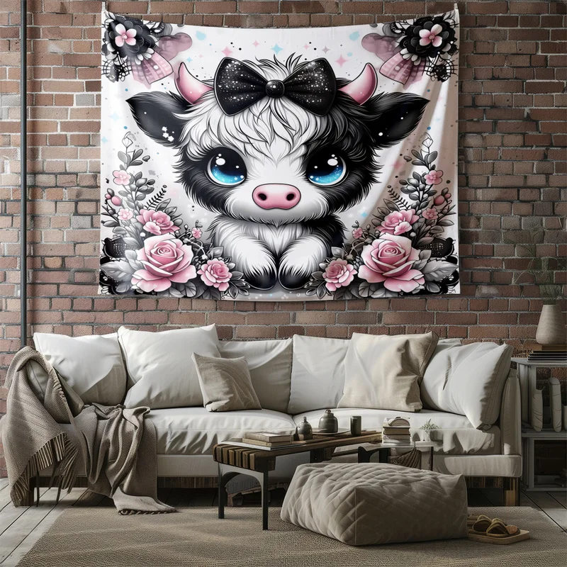 Microfiber Wall Tapestry,Multi-Sizes,Ultra-Soft,Skin-Friendly,Easy Hanging & Installation,Cute Cartoon Cow With Pink Bow Print