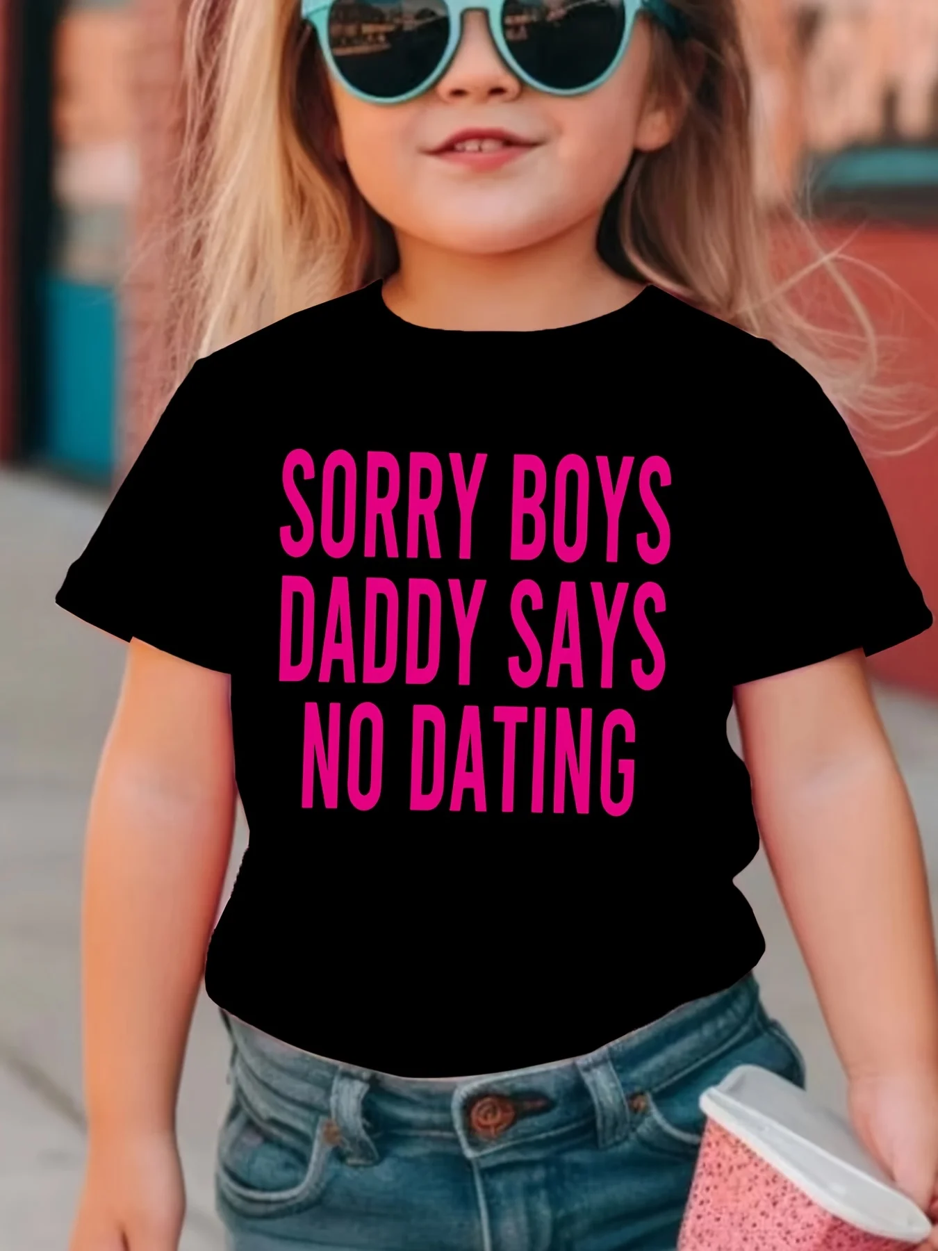 Girls Tee Sorry Boys Daddy Says No Dating Pink Letter Print Soft Cotton Kids Funny Casual Short Sleeve Parent-child T Shirt