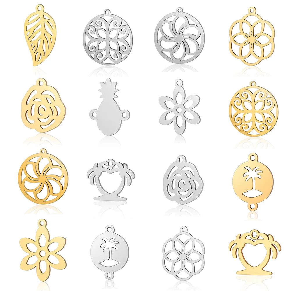 Lot de 10 Breloques DIY en Acier Inoxydable 316, Motifs Palmier, Fleur, Feuille, Ananas, Connecteurs pour Arbres de Noël
