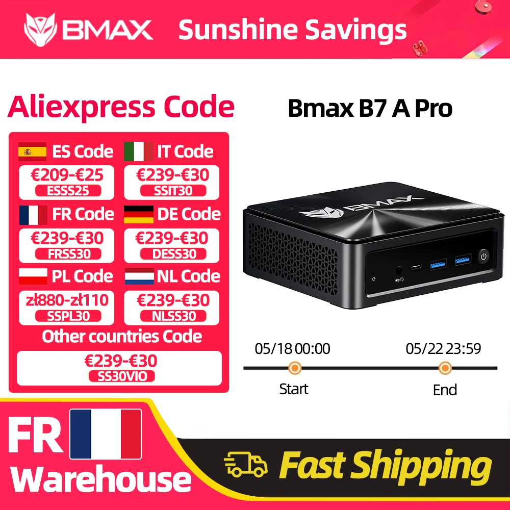 Mini PC BMAX B7 A Pro, processeur AMD Ryzen 5 7430U, graphismes AMD Radeon, 16 Go de RAM, 512 Go de SSD, Windows 11, USB, HDMI, Type-C, Bluetooth, DP