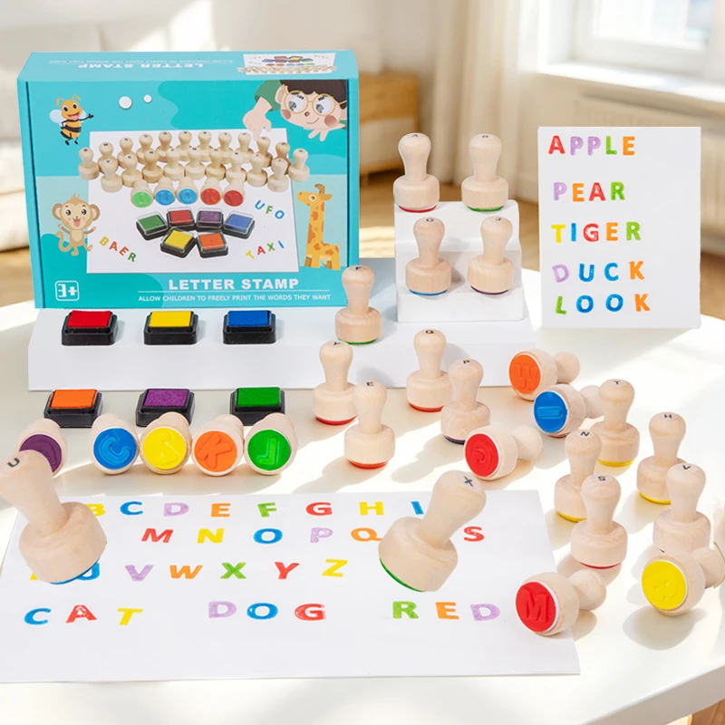 

Wood Letter Stamps Wooden Chess Pieces Kids Educational Stamps Early English Learning Round Seal Toys and gifts